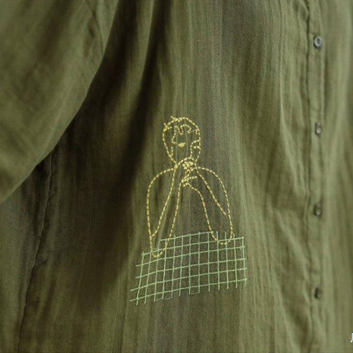 Buddha Stonesの秋の刺繍、人物と犬の模様、ラウンドネックボタン、レディース長袖シャツ - image 31