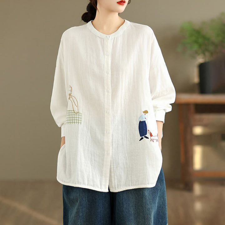 Buddha Stonesの秋の刺繍、人物と犬の模様、ラウンドネックボタン、レディース長袖シャツ - image 11