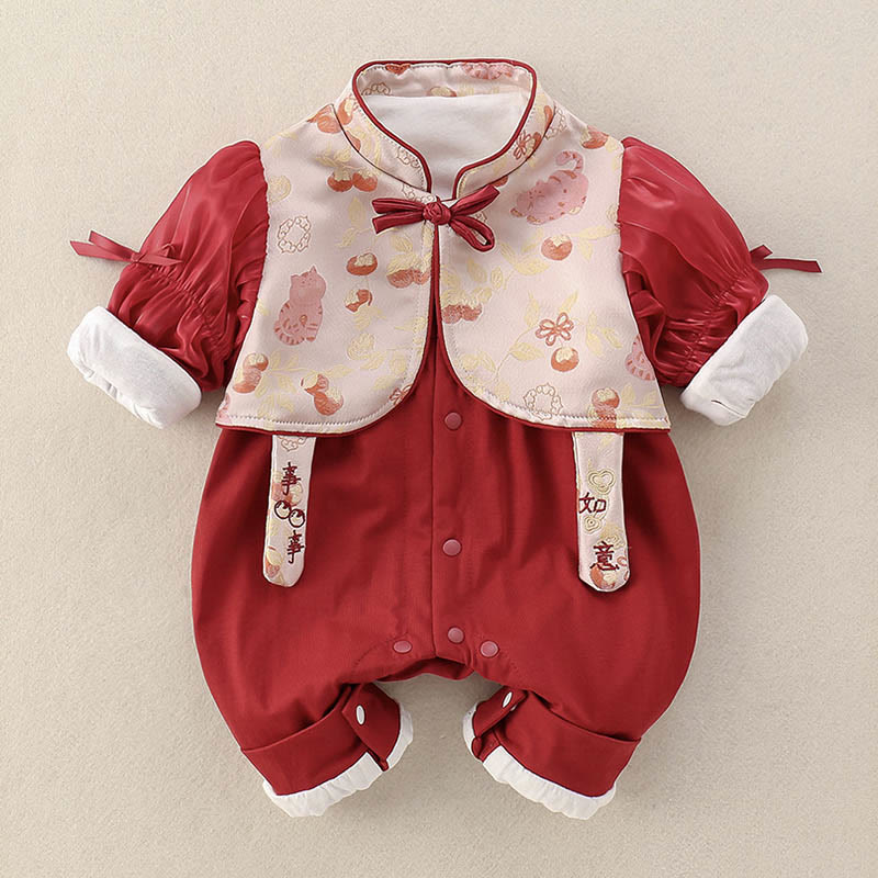 Buddha Stones、春の猫、柿のデザイン、ベビーガールのコットン長袖ワンピースロンパース - image 1