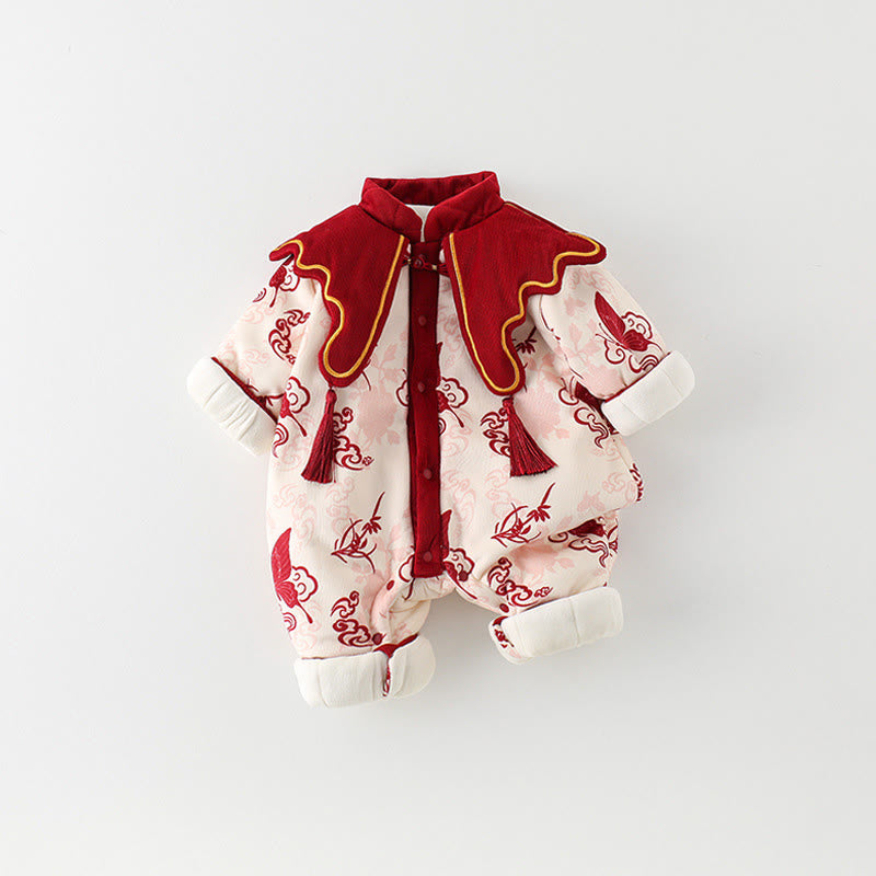 Buddha Stonesと冬の蝶と縁起の良い雲のデザイン 女の子用コットン長袖ワンピースロンパース - image 3