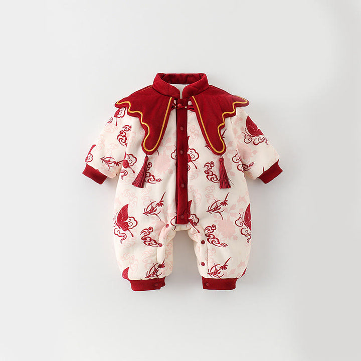 Buddha Stonesと冬の蝶と縁起の良い雲のデザイン 女の子用コットン長袖ワンピースロンパース - ラベンダーブラッシュ - 10～15ヶ月 - image 0