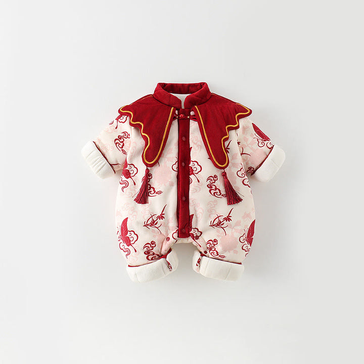 Buddha Stonesと冬の蝶と縁起の良い雲のデザイン 女の子用コットン長袖ワンピースロンパース - image 1