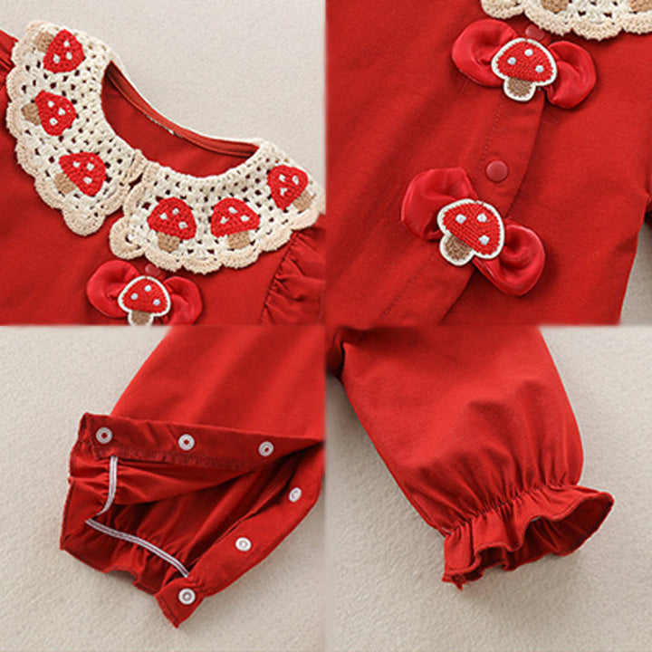 Buddha Stones春秋 レッド ストロベリーデザイン ベビーガール コットン 長袖 ワンピース ロンパース - image 4