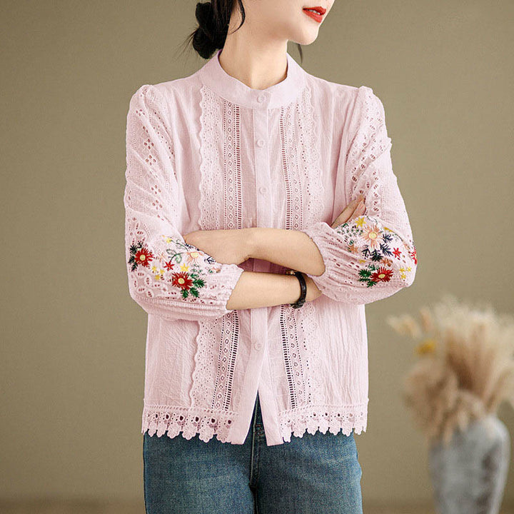 Buddha Stones秋 レース 刺繍 花 葉柄 スタンドカラー ボタン レディース 長袖 シャツ - image 16