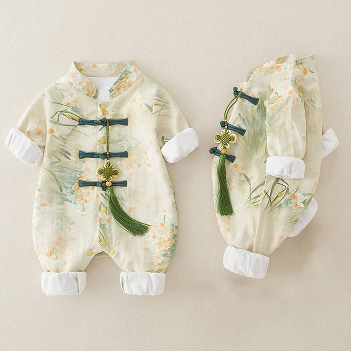 Buddha Stones、春、秋、ベージュ、花、緑の草のデザイン、ベビーガール、コットン、長袖、ワンピース、ロンパース - image 4