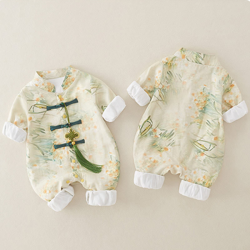 Buddha Stones、春、秋、ベージュ、花、緑の草のデザイン、ベビーガール、コットン、長袖、ワンピース、ロンパース - image 3