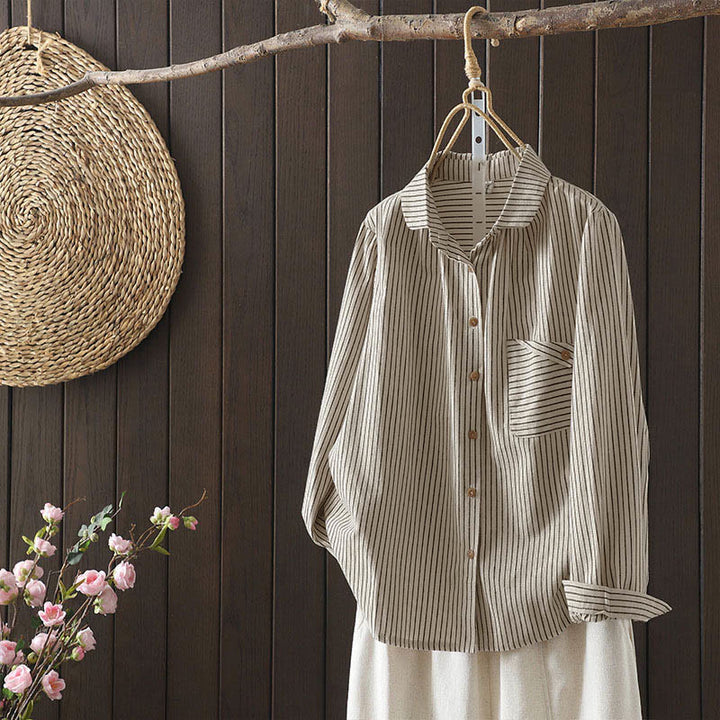 Buddha Stones秋 ストライプ スタンドカラー ボタン レディース 長袖 シャツ ポケット付き - image 2