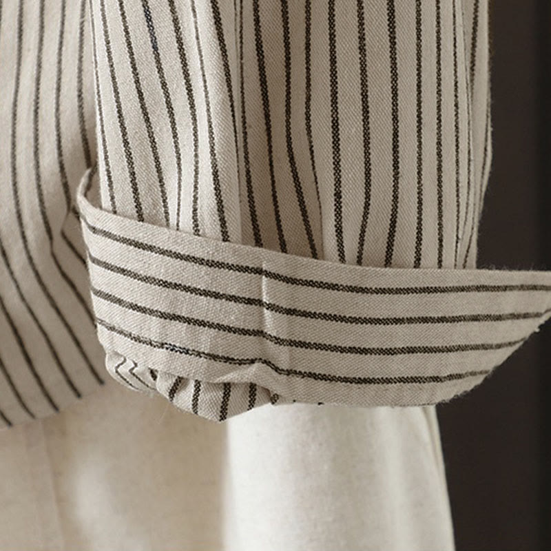 Buddha Stones秋 ストライプ スタンドカラー ボタン レディース 長袖 シャツ ポケット付き - image 9