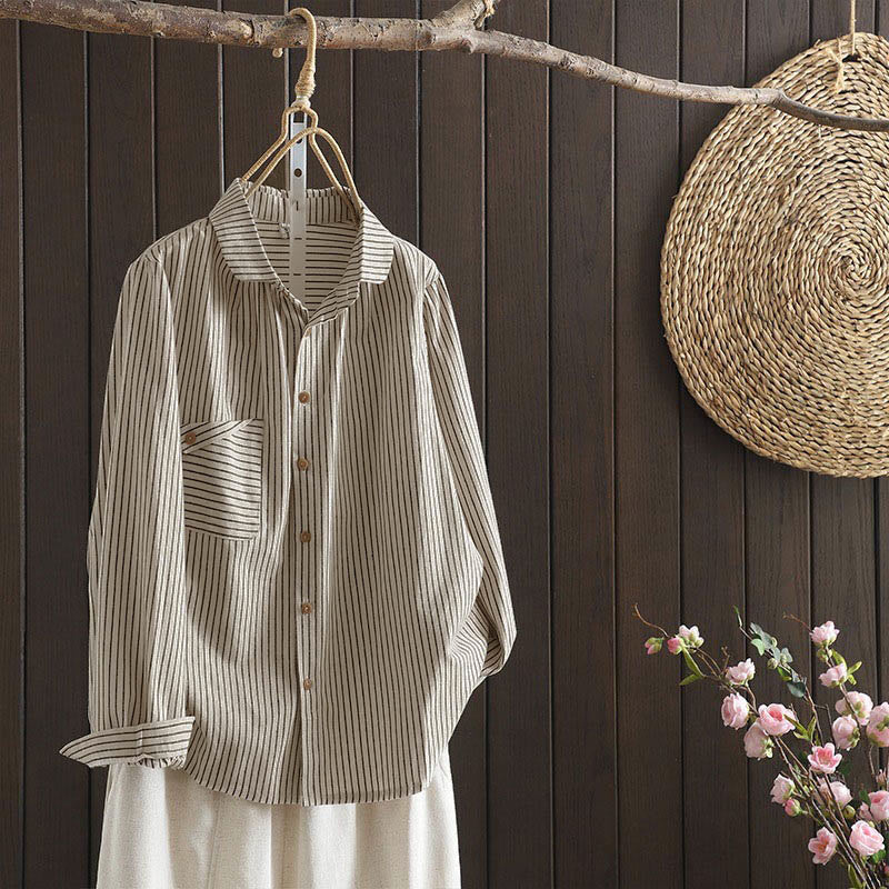 Buddha Stones秋 ストライプ スタンドカラー ボタン レディース 長袖 シャツ ポケット付き - オールドレース - US8-10，UK/AU12-14，EU40-42 (2XL) - image 1