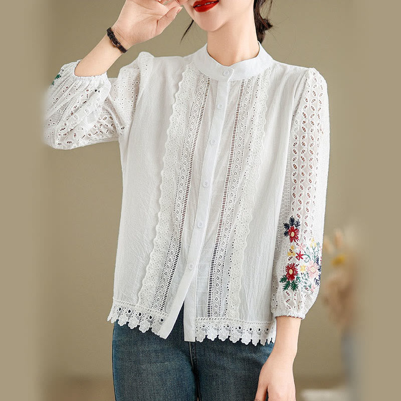 Buddha Stones秋 レース 刺繍 花 葉柄 スタンドカラー ボタン レディース 長袖 シャツ - 白 - US8-10，UK/AU12-14，EU40-42 (2XL) - image 6
