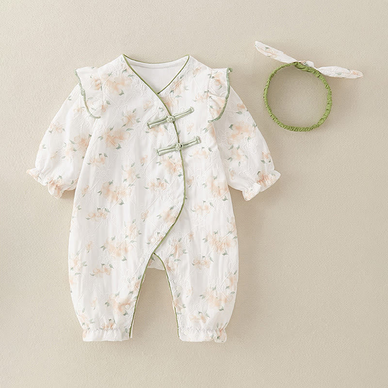 Buddha Stones春 秋 ライトイエロー 花柄 Vネックデザイン ベビーガール コットン 長袖 ワンピース ロンパース - image 3