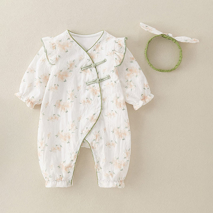 Buddha Stones春 秋 ライトイエロー 花柄 Vネックデザイン ベビーガール コットン 長袖 ワンピース ロンパース - image 3