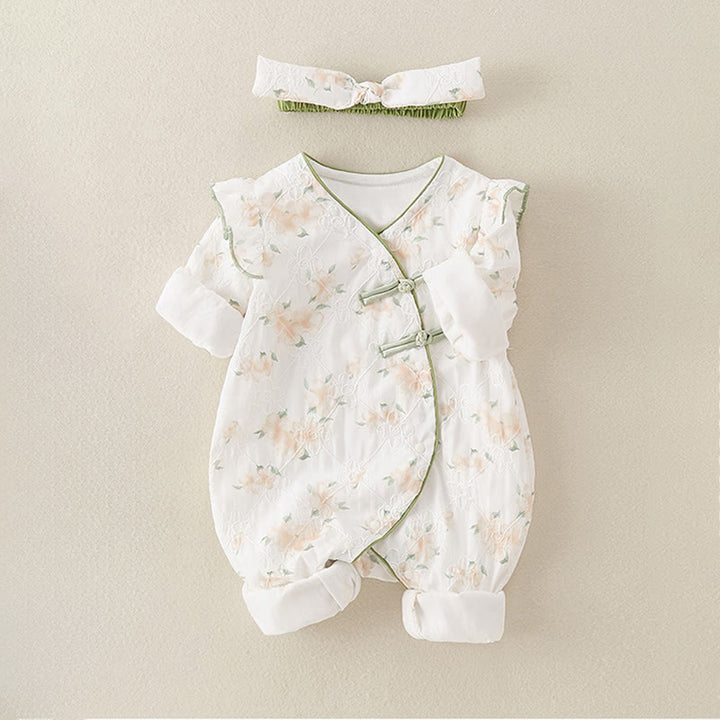 Buddha Stones春 秋 ライトイエロー 花柄 Vネックデザイン ベビーガール コットン 長袖 ワンピース ロンパース - image 4