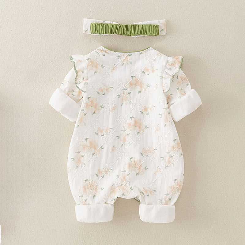 Buddha Stones春 秋 ライトイエロー 花柄 Vネックデザイン ベビーガール コットン 長袖 ワンピース ロンパース - image 1