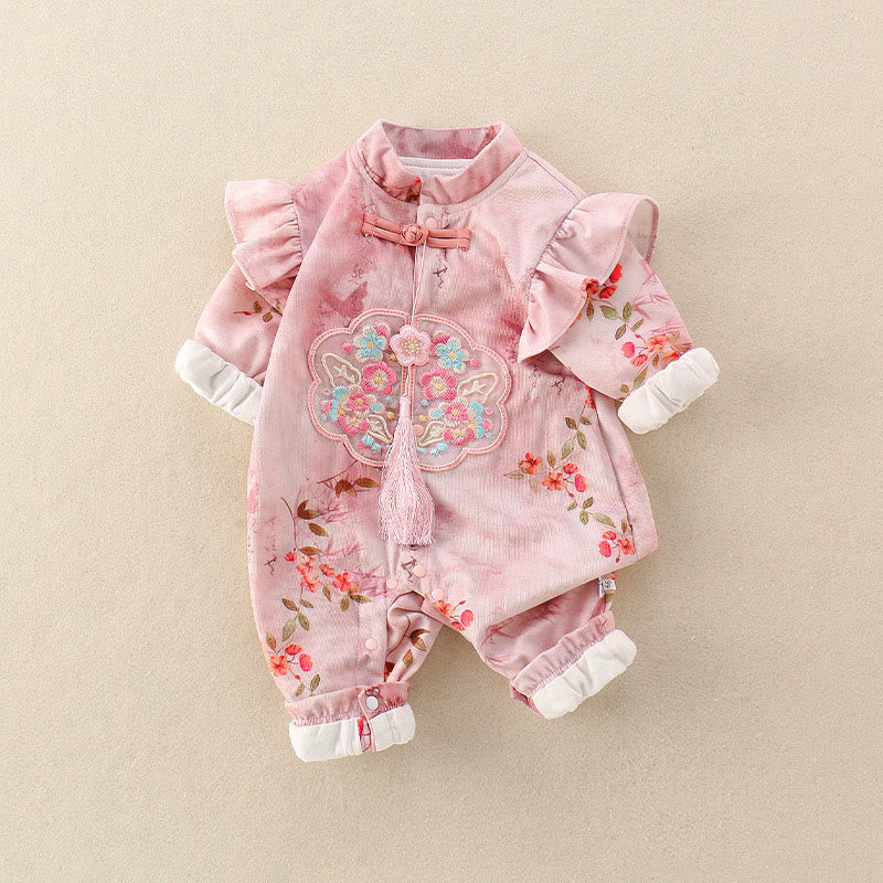 Buddha Stones、春、秋、ピンク、赤、花、緑の葉のデザイン、ベビーガール用コットン長袖ワンピースロンパース - image 3