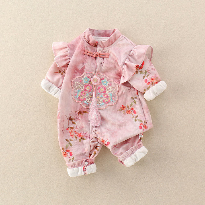 Buddha Stones、春、秋、ピンク、赤、花、緑の葉のデザイン、ベビーガール用コットン長袖ワンピースロンパース - image 3