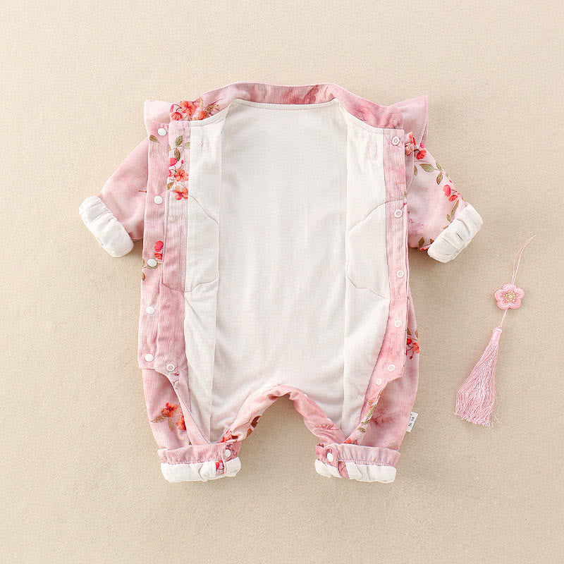 Buddha Stones、春、秋、ピンク、赤、花、緑の葉のデザイン、ベビーガール用コットン長袖ワンピースロンパース - image 4