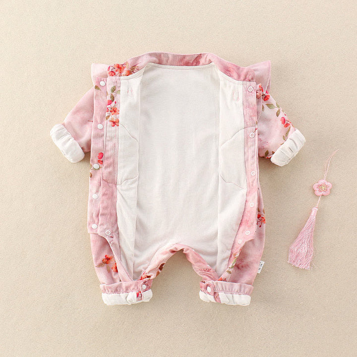 Buddha Stones、春、秋、ピンク、赤、花、緑の葉のデザイン、ベビーガール用コットン長袖ワンピースロンパース - image 4