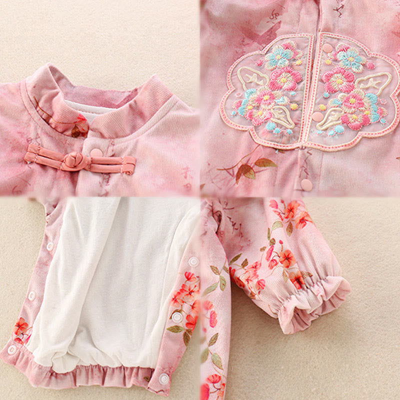 Buddha Stones、春、秋、ピンク、赤、花、緑の葉のデザイン、ベビーガール用コットン長袖ワンピースロンパース - image 5