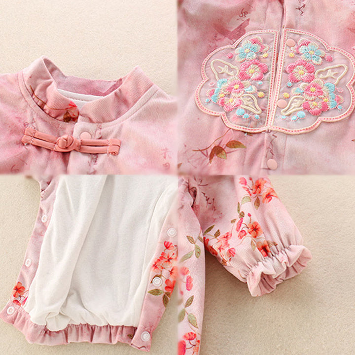 Buddha Stones、春、秋、ピンク、赤、花、緑の葉のデザイン、ベビーガール用コットン長袖ワンピースロンパース - image 5