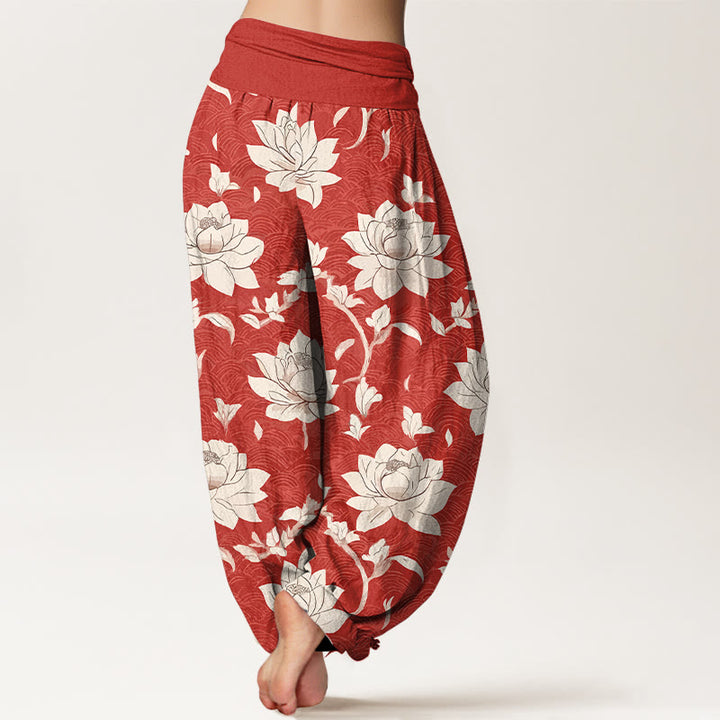 Buddha Stonesピュアコットン ベージュ ロータス柄 レディース 伸縮性ウエスト ハーレムパンツ - image 1