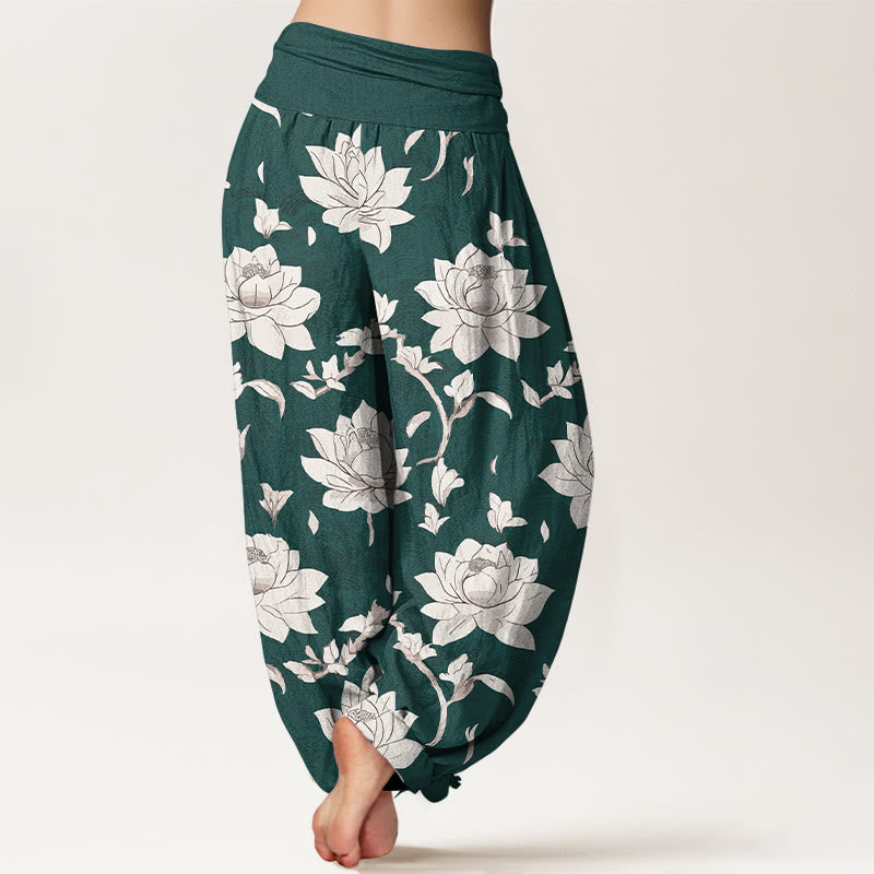 Buddha Stonesピュアコットン ベージュ ロータス柄 レディース 伸縮性ウエスト ハーレムパンツ - image 9