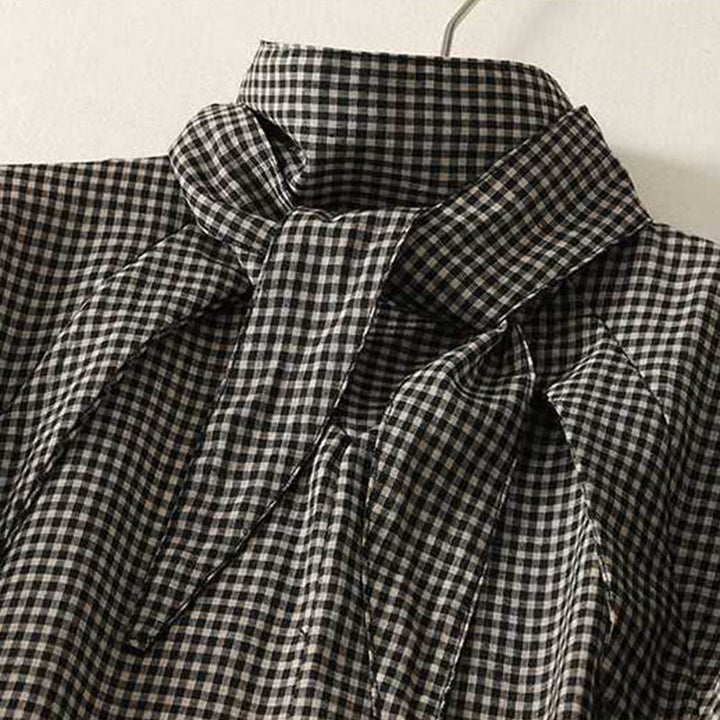 Buddha Stones秋冬 ブラック ホワイト チェック柄 ハイネック レースアップデザイン 長袖 ミディ丈 ドレス ポケット付き - image 2