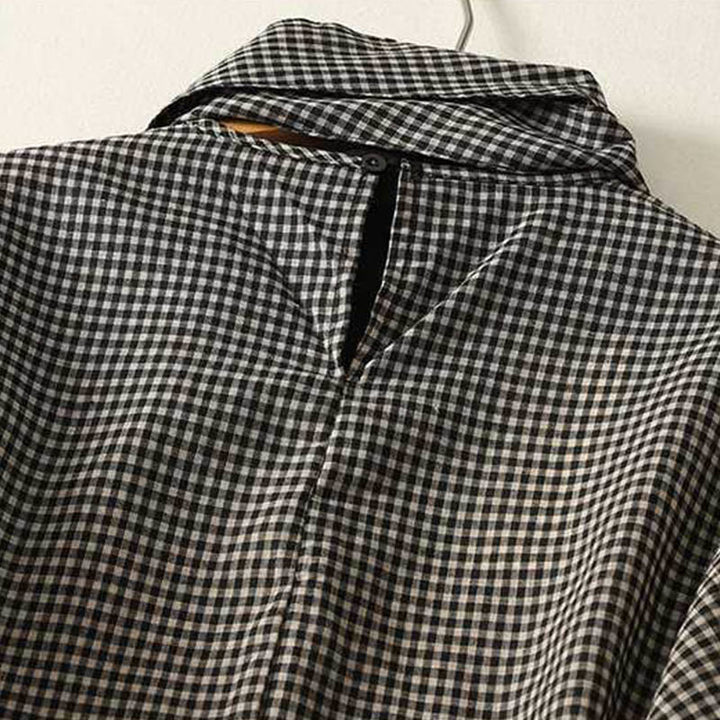 Buddha Stones秋冬 ブラック ホワイト チェック柄 ハイネック レースアップデザイン 長袖 ミディ丈 ドレス ポケット付き - image 3