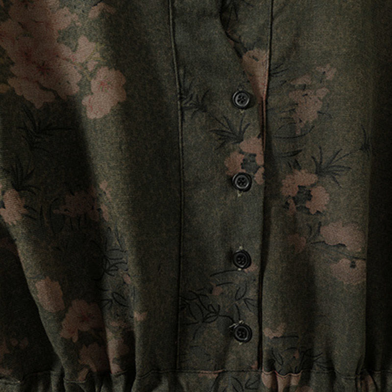 Buddha Stonesカジュアルフラワープリント柄ボタンデザインロングスリーブミディドレス（ポケット付き） - image 2