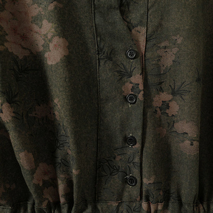 Buddha Stonesカジュアルフラワープリント柄ボタンデザインロングスリーブミディドレス（ポケット付き） - image 2