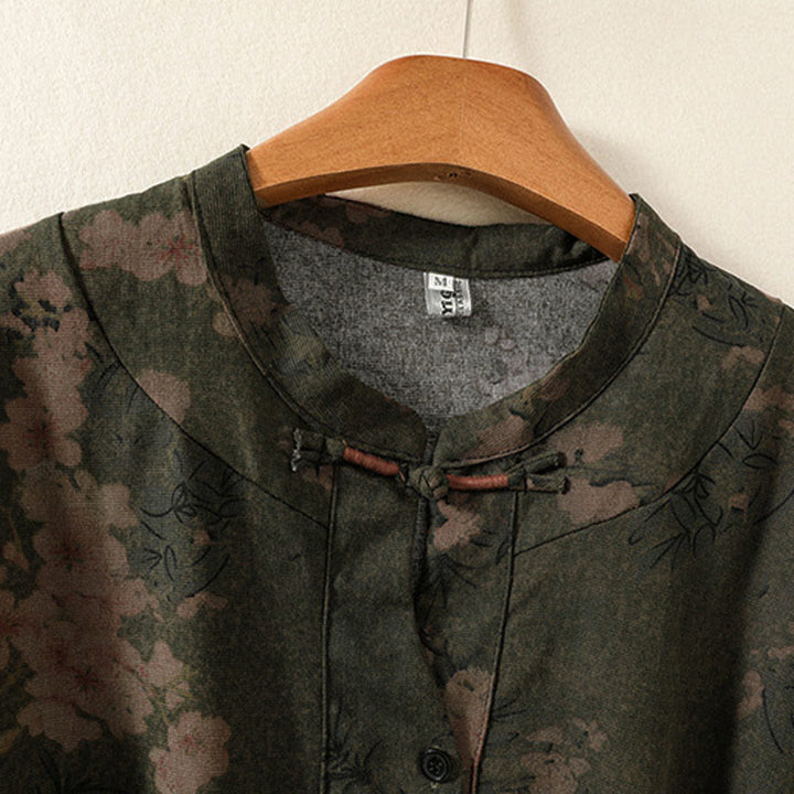 Buddha Stonesカジュアルフラワープリント柄ボタンデザインロングスリーブミディドレス（ポケット付き） - image 1