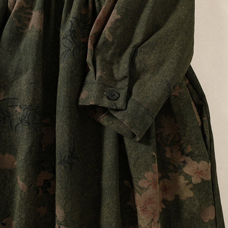 Buddha Stonesカジュアルフラワープリント柄ボタンデザインロングスリーブミディドレス（ポケット付き） - image 4