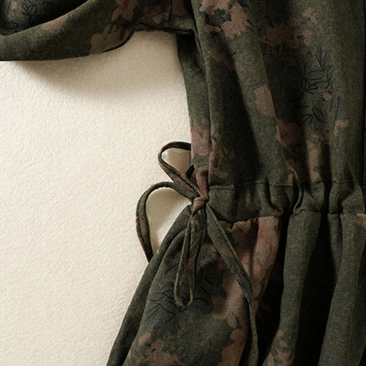 Buddha Stonesカジュアルフラワープリント柄ボタンデザインロングスリーブミディドレス（ポケット付き） - image 3