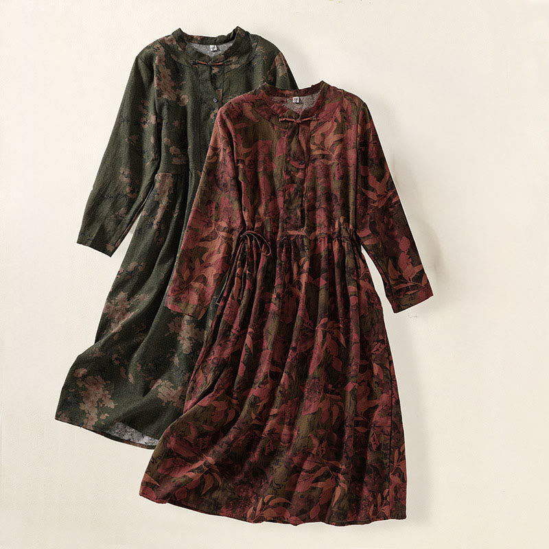 Buddha Stonesカジュアルフラワープリント柄ボタンデザインロングスリーブミディドレス（ポケット付き） - image 18