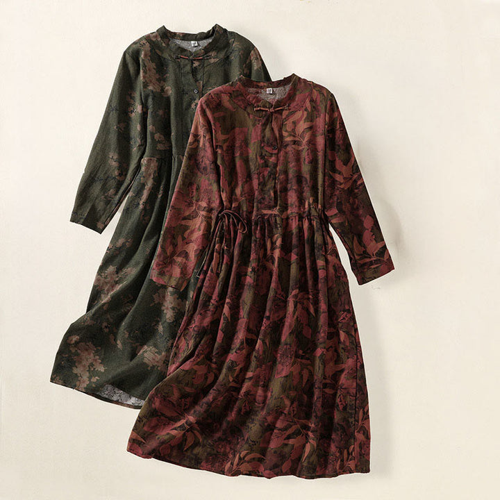 Buddha Stonesカジュアルフラワープリント柄ボタンデザインロングスリーブミディドレス（ポケット付き） - image 18