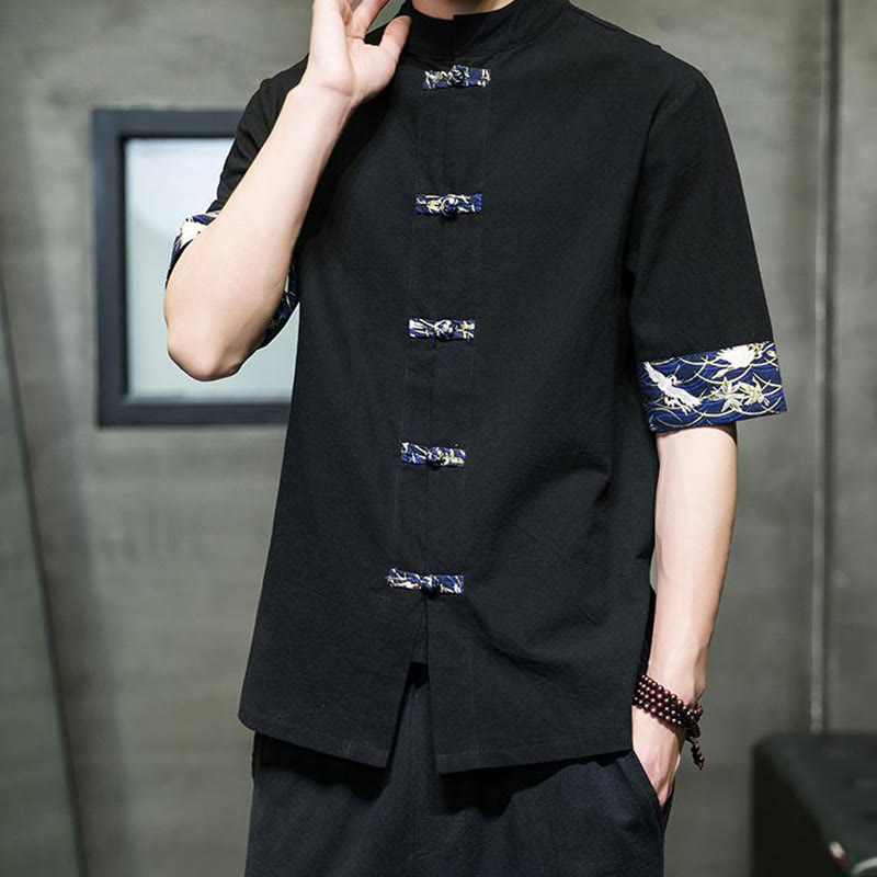 Buddha Stones無地 カエルボタン スタンドカラー メンズ 半袖 ホワイト クレーン コットンシャツ - image 2