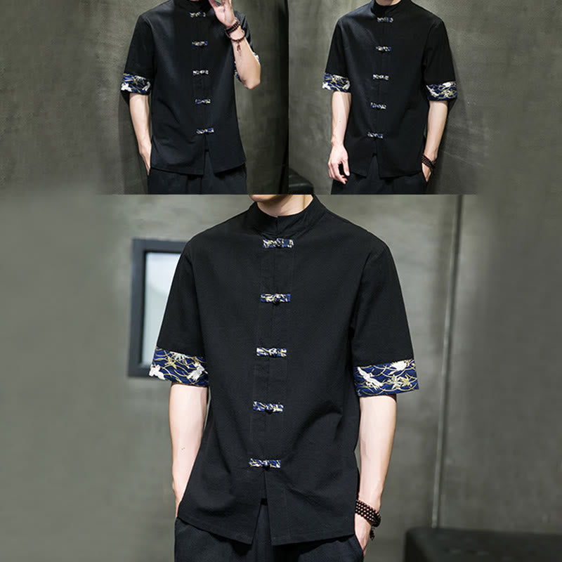 Buddha Stones無地 カエルボタン スタンドカラー メンズ 半袖 ホワイト クレーン コットンシャツ - image 8