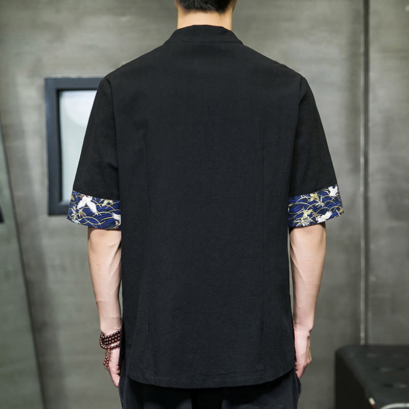 Buddha Stones無地 カエルボタン スタンドカラー メンズ 半袖 ホワイト クレーン コットンシャツ - image 3