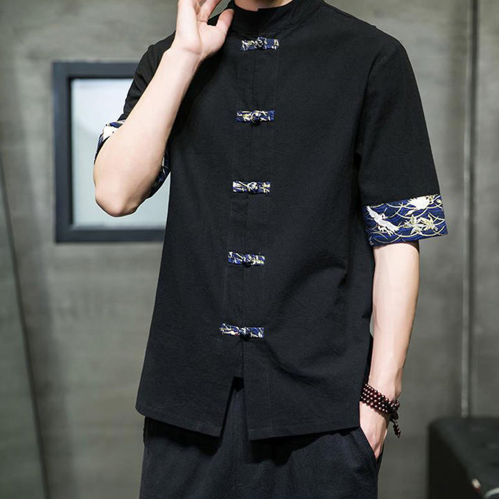 Buddha Stones無地 カエルボタン スタンドカラー メンズ 半袖 ホワイト クレーン コットンシャツ - image 2