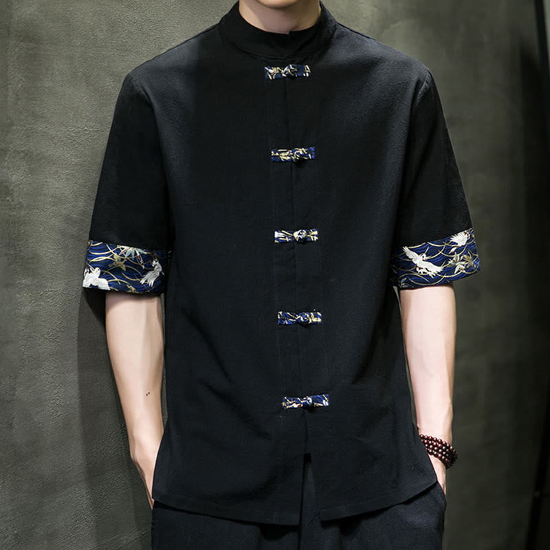 Buddha Stones無地 カエルボタン スタンドカラー メンズ 半袖 ホワイト クレーン コットンシャツ - image 1