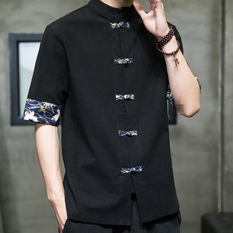 Buddha Stones無地 カエルボタン スタンドカラー メンズ 半袖 ホワイト クレーン コットンシャツ - image 4