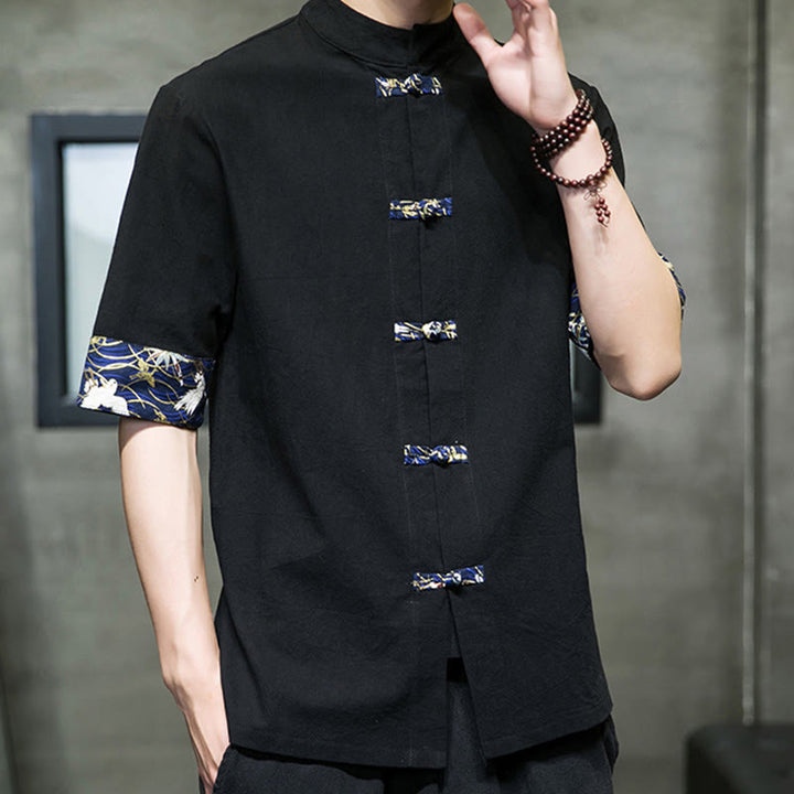 Buddha Stones無地 カエルボタン スタンドカラー メンズ 半袖 ホワイト クレーン コットンシャツ - image 4