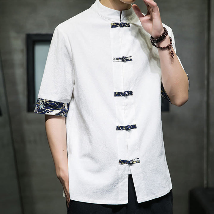 Buddha Stones無地 カエルボタン スタンドカラー メンズ 半袖 ホワイト クレーン コットンシャツ - image 10