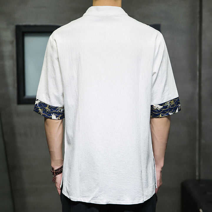 Buddha Stones無地 カエルボタン スタンドカラー メンズ 半袖 ホワイト クレーン コットンシャツ - image 12