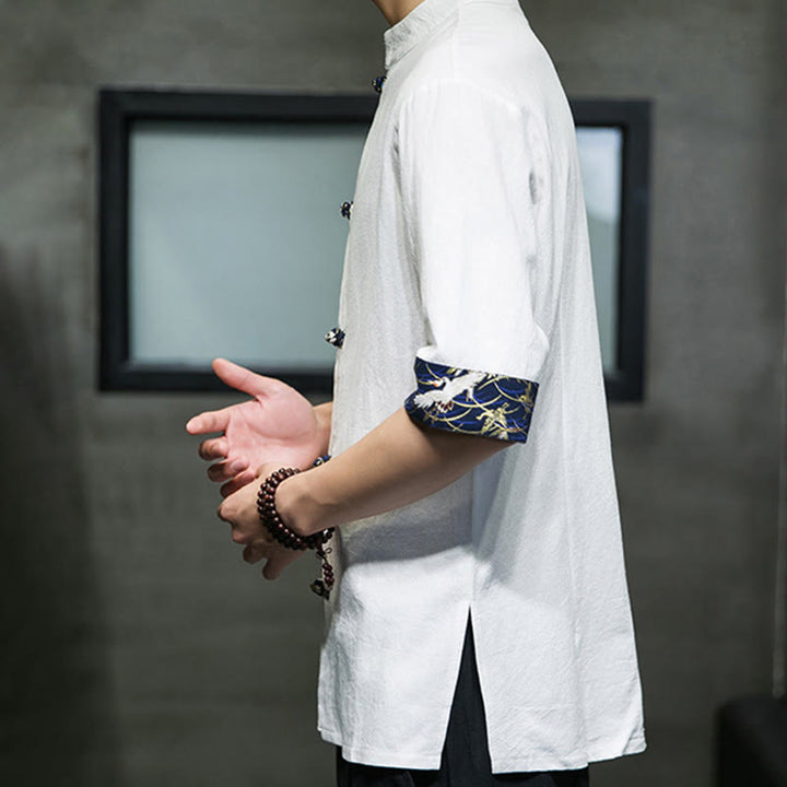 Buddha Stones無地 カエルボタン スタンドカラー メンズ 半袖 ホワイト クレーン コットンシャツ - image 14