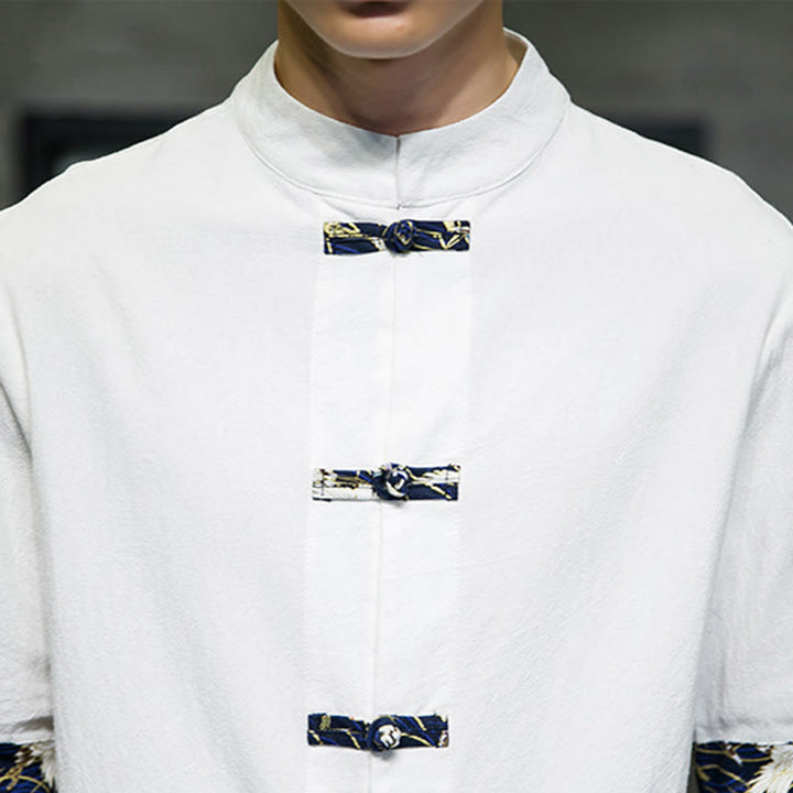 Buddha Stones無地 カエルボタン スタンドカラー メンズ 半袖 ホワイト クレーン コットンシャツ - image 16