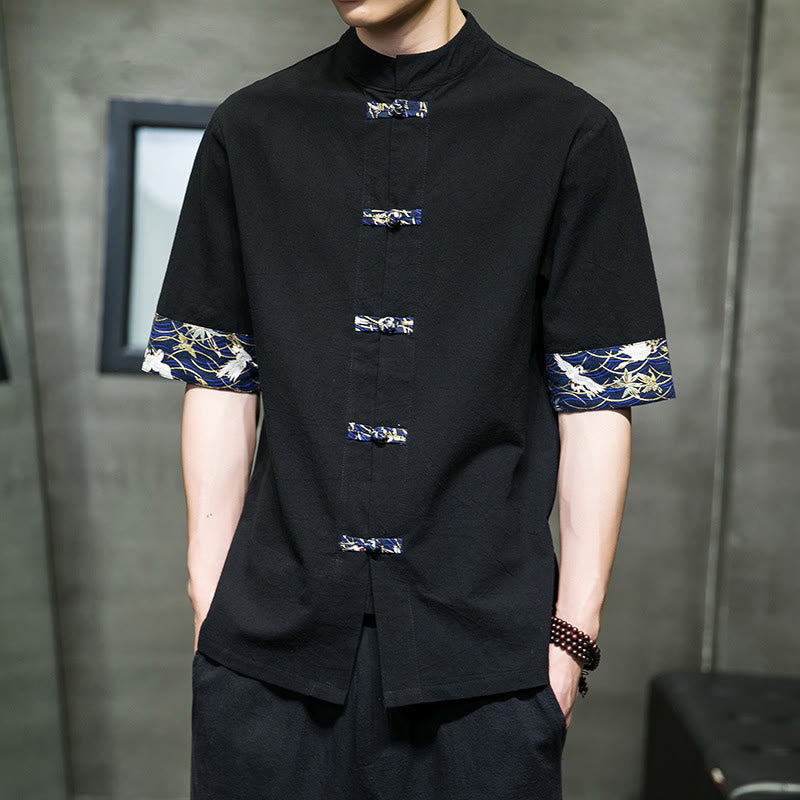 Buddha Stones無地 カエルボタン スタンドカラー メンズ 半袖 ホワイト クレーン コットンシャツ - image 5