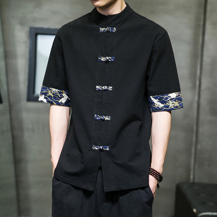 Buddha Stones無地 カエルボタン スタンドカラー メンズ 半袖 ホワイト クレーン コットンシャツ - image 5