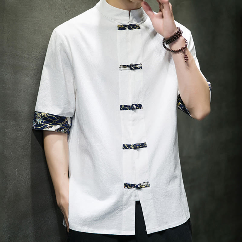 Buddha Stones無地 カエルボタン スタンドカラー メンズ 半袖 ホワイト クレーン コットンシャツ - image 13