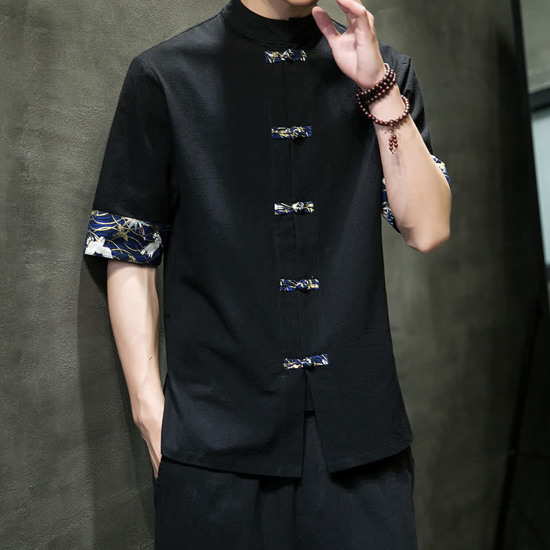 Buddha Stones無地 カエルボタン スタンドカラー メンズ 半袖 ホワイト クレーン コットンシャツ - image 7